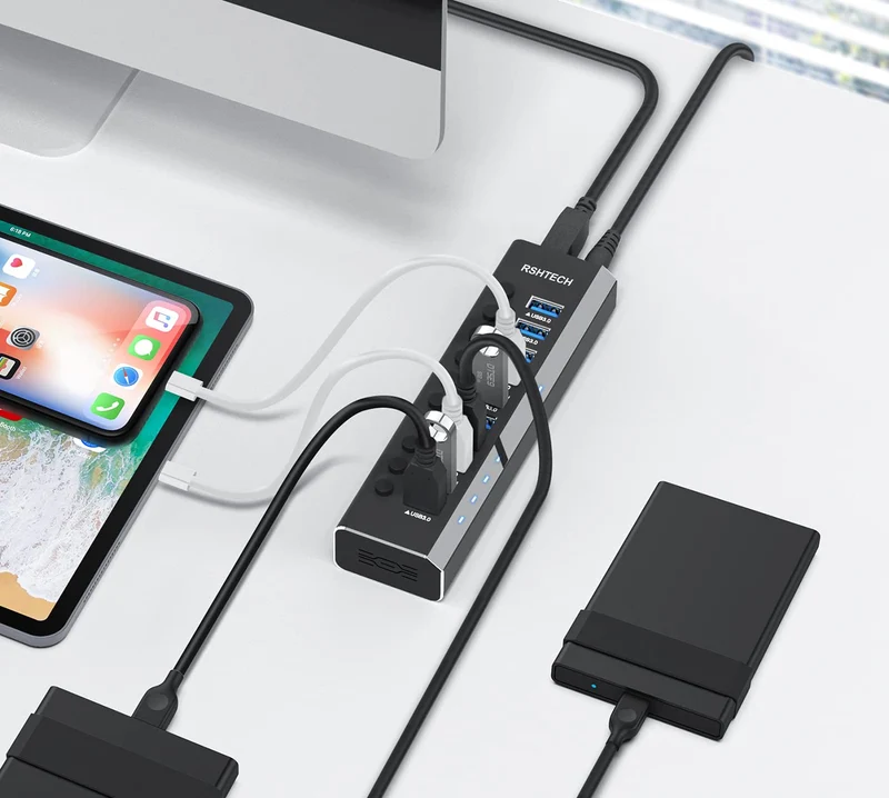 RSHTECH 10 Ports USB Hub Aktiv 3.0 mit Netzteil & Schaltertaste, RSH-A10