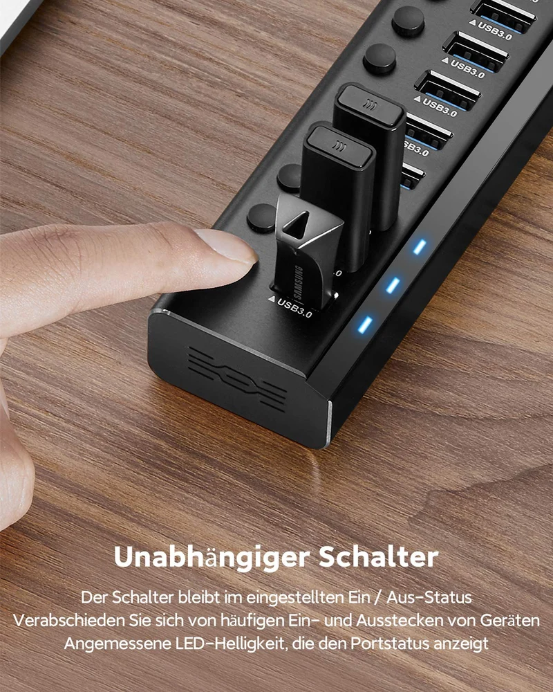 RSHTECH 10 Ports USB Hub Aktiv 3.0 mit Netzteil & Schaltertaste, RSH-A10