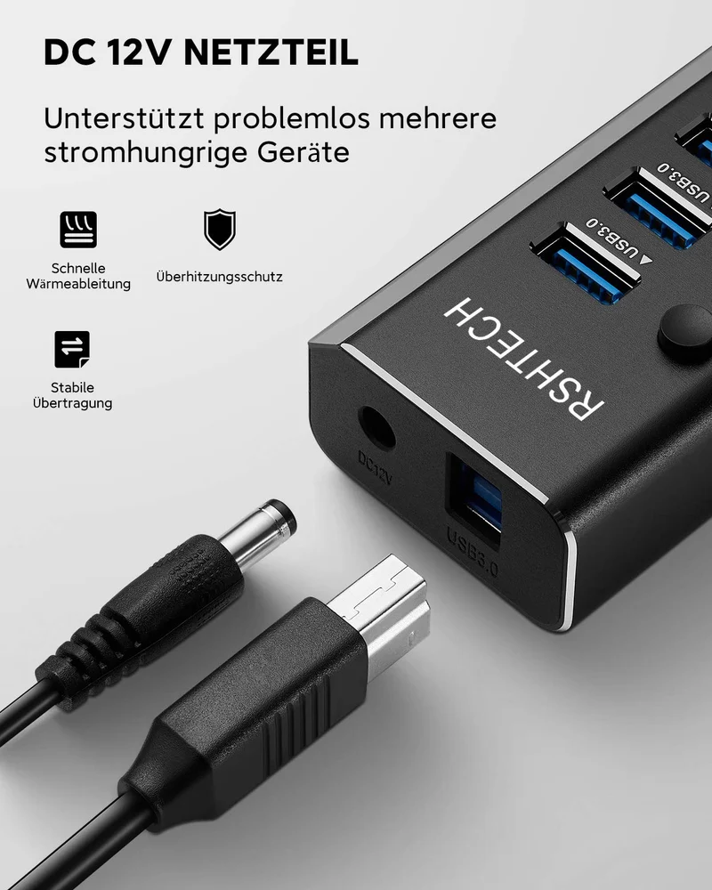 RSHTECH 10 Ports USB Hub Aktiv 3.0 mit Netzteil & Schaltertaste, RSH-A10