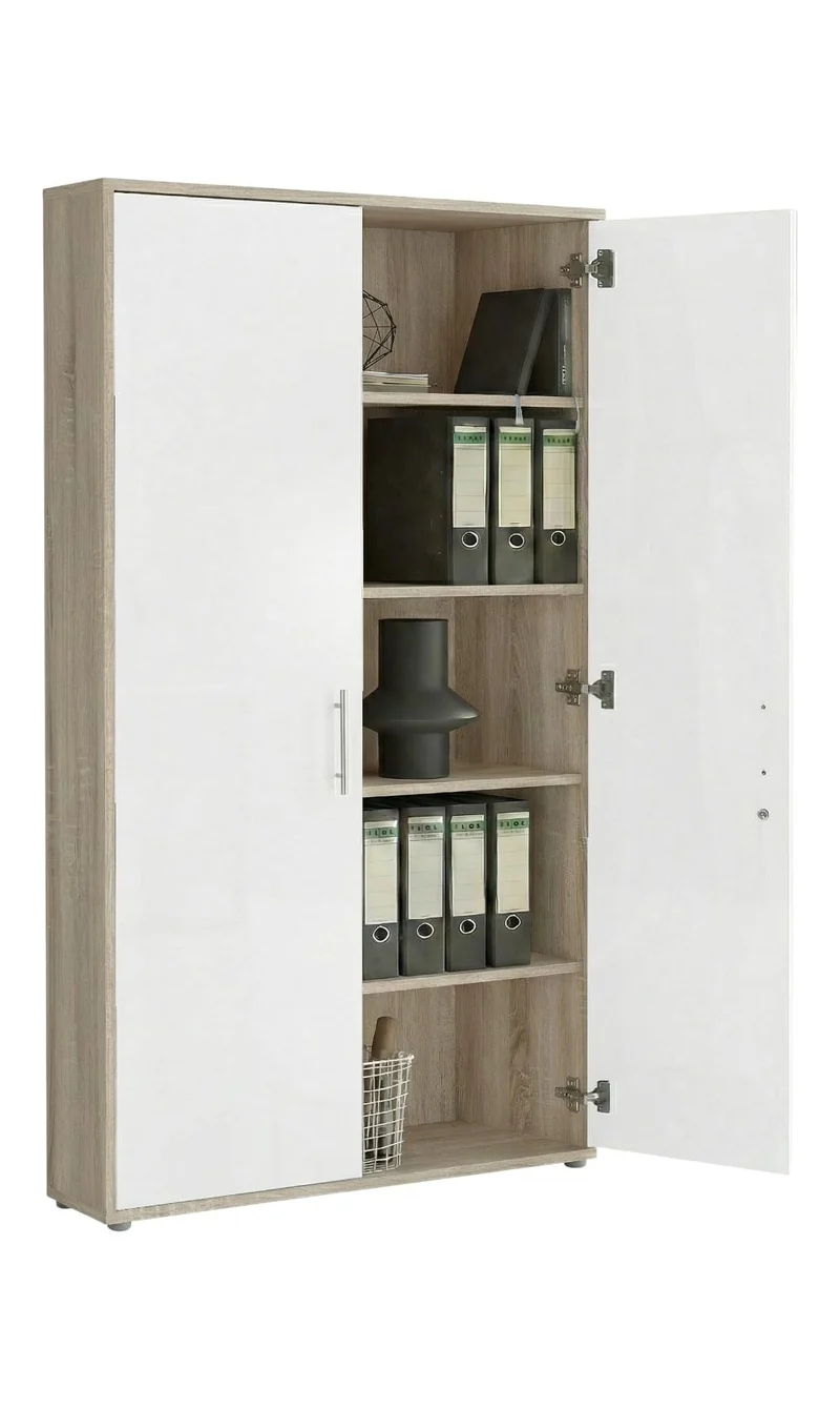 Aktenschrank TABOR 3 Büroschrank abschließbar – Mehrzweckschrank & Ordnerschrank Büro, viel Stauraum, Korpus Eiche Sonoma Front weiß matt