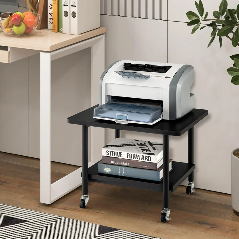 COSTWAY Druckertisch mit Rollen, Druckerständer mit feststellbaren Rädern, Druckerwagen mit 2 Ebenen, Druckerablage Druckerregal Druckerhalter für Büro, Fax, 49 x 40 x 38 cm (Schwarz)