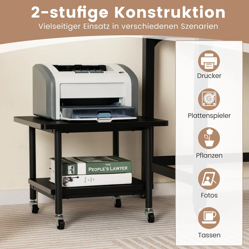 COSTWAY Druckertisch mit Rollen, Druckerständer mit feststellbaren Rädern, Druckerwagen mit 2 Ebenen, Druckerablage Druckerregal Druckerhalter für Büro, Fax, 49 x 40 x 38 cm (Schwarz)