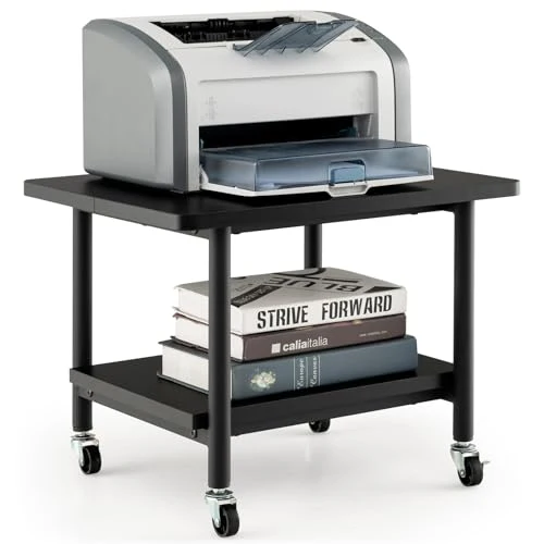 COSTWAY Druckertisch mit Rollen, Druckerständer mit feststellbaren Rädern, Druckerwagen mit 2 Ebenen, Druckerablage Druckerregal Druckerhalter für Büro, Fax, 49 x 40 x 38 cm (Schwarz)