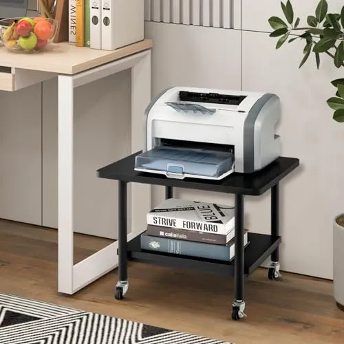 COSTWAY Druckertisch mit Rollen, Druckerständer mit feststellbaren Rädern, Druckerwagen mit 2 Ebenen, Druckerablage Druckerregal Druckerhalter für Büro, Fax, 49 x 40 x 38 cm (Schwarz)