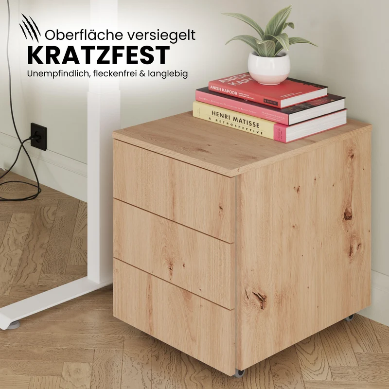 bümö lite Rollcontainer mit Schubladen, Container aus Holz in Ahorn - Rollwagen für's Büro als Schreibtisch Unterschrank, Bürocontainer od. Schreibtischcontainer mit Seitengriff