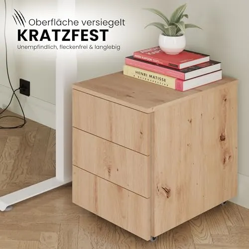 bümö lite Rollcontainer mit Schubladen, Container aus Holz in Ahorn - Rollwagen für's Büro als Schreibtisch Unterschrank, Bürocontainer od. Schreibtischcontainer mit Seitengriff