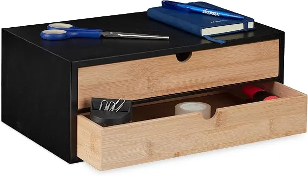 Relaxdays Schubladenbox, Bambus & MDF, Mini Kommode 2 Schubladen, HBT 14x33x21 cm, Schreibtisch Organizer, schwarz/natur