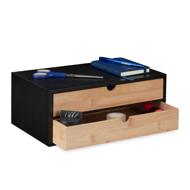 Relaxdays Schubladenbox, Bambus & MDF, Mini Kommode 2 Schubladen, HBT 14x33x21 cm, Schreibtisch Organizer, schwarz/natur