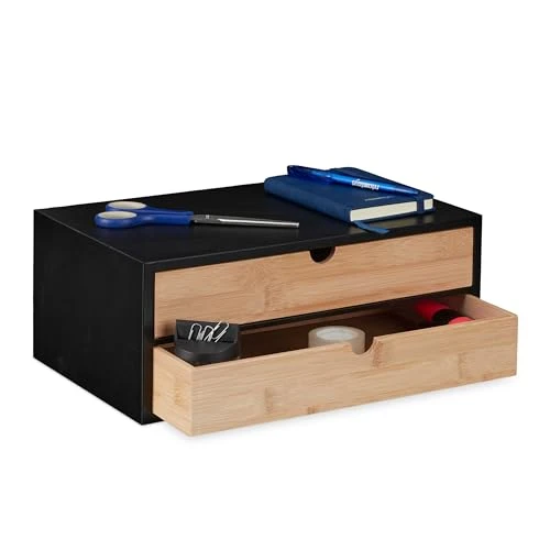 Relaxdays Schubladenbox, Bambus & MDF, Mini Kommode 2 Schubladen, HBT 14x33x21 cm, Schreibtisch Organizer, schwarz/natur