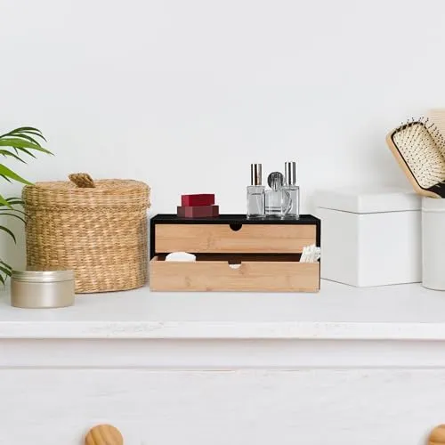 Relaxdays Schubladenbox, Bambus & MDF, Mini Kommode 2 Schubladen, HBT 14x33x21 cm, Schreibtisch Organizer, schwarz/natur