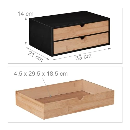 Relaxdays Schubladenbox, Bambus & MDF, Mini Kommode 2 Schubladen, HBT 14x33x21 cm, Schreibtisch Organizer, schwarz/natur