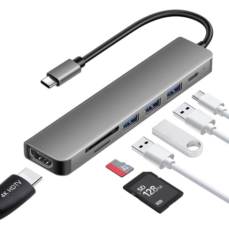 USB C Hub 7-in-1 mit HDMI 4K SD/TF Kartenleser und 3 USB Anschlüssen