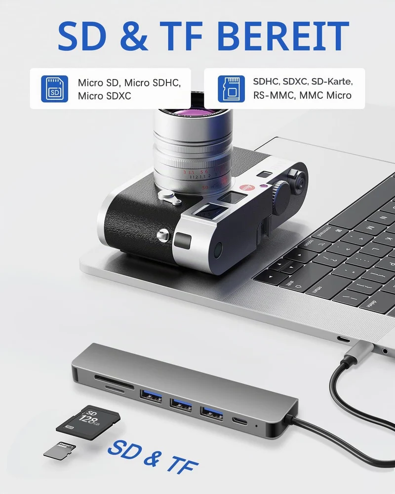USB C Hub 7-in-1 mit HDMI 4K SD/TF Kartenleser und 3 USB Anschlüssen