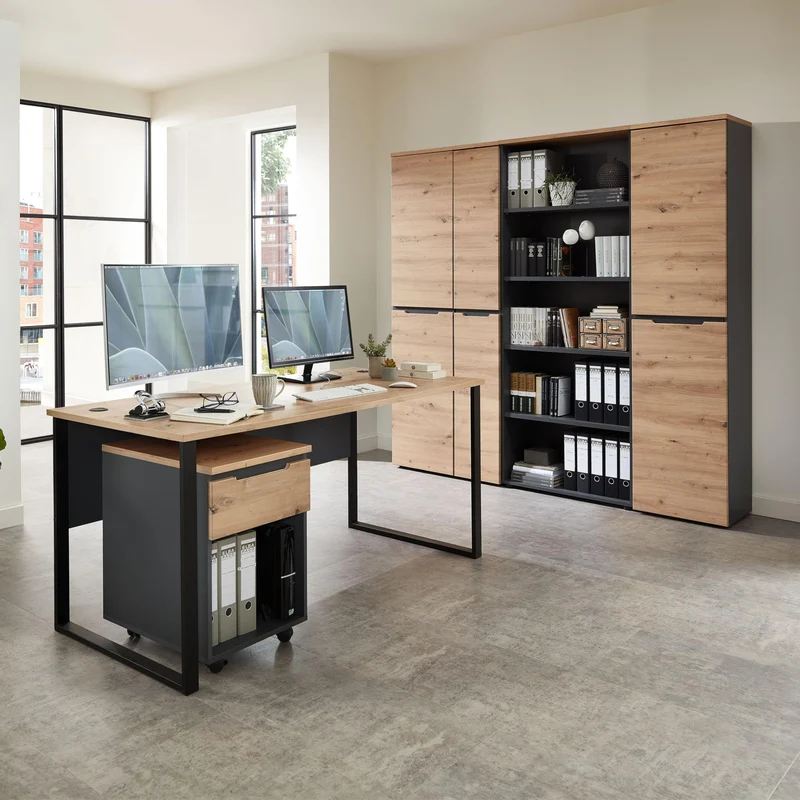 MEMPHIS Aktenschrank in Artisan Eiche Optik, Graphit - Moderner Büroschrank mit 2 Türen - 75 x 197 x 38 cm (B/H/T)