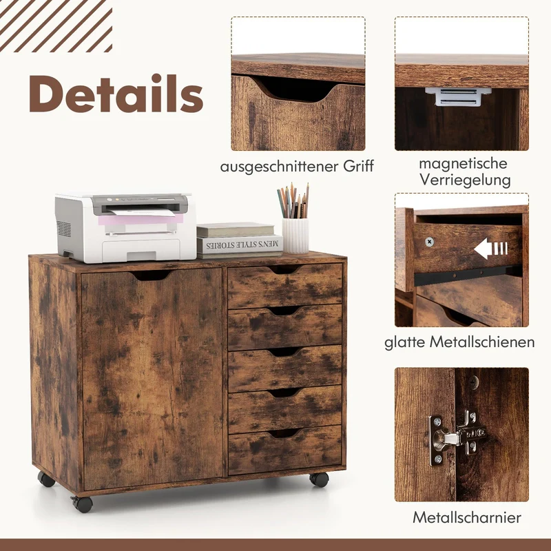GOPLUS Rollcontainer mit Schubladen, mobiler Aktenschrank mit Schrank, Büroschrank mit 5 Rollen, für Drucker & Bücher, 78 × 39 × 65cm (Rustikales Braun)