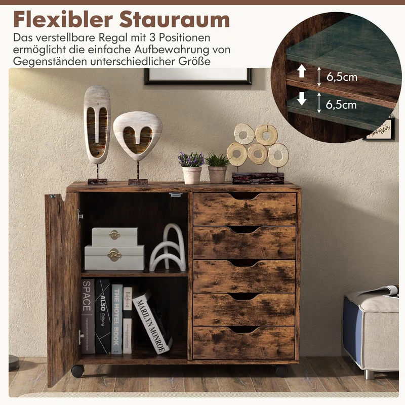 GOPLUS Rollcontainer mit Schubladen, mobiler Aktenschrank mit Schrank, Büroschrank mit 5 Rollen, für Drucker & Bücher, 78 × 39 × 65cm (Rustikales Braun)