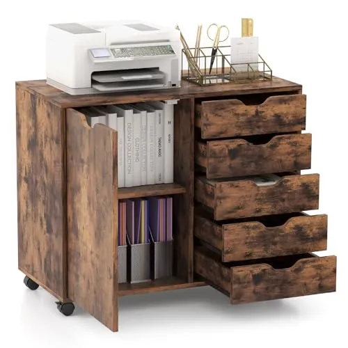 GOPLUS Rollcontainer mit Schubladen, mobiler Aktenschrank mit Schrank, Büroschrank mit 5 Rollen, für Drucker & Bücher, 78 × 39 × 65cm (Rustikales Braun)