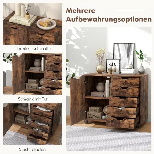GOPLUS Rollcontainer mit Schubladen, mobiler Aktenschrank mit Schrank, Büroschrank mit 5 Rollen, für Drucker & Bücher, 78 × 39 × 65cm (Rustikales Braun)
