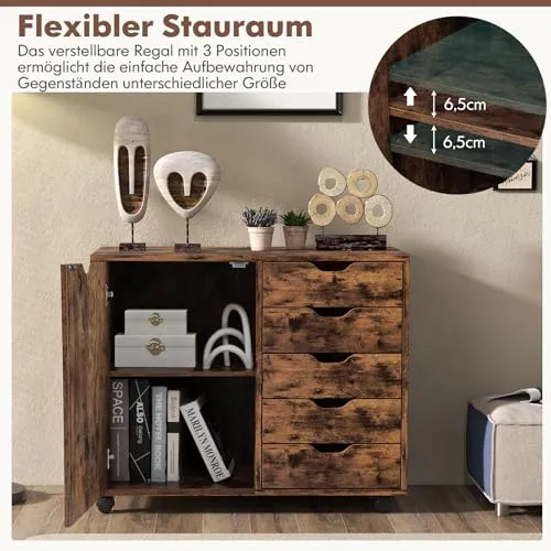GOPLUS Rollcontainer mit Schubladen, mobiler Aktenschrank mit Schrank, Büroschrank mit 5 Rollen, für Drucker & Bücher, 78 × 39 × 65cm (Rustikales Braun)