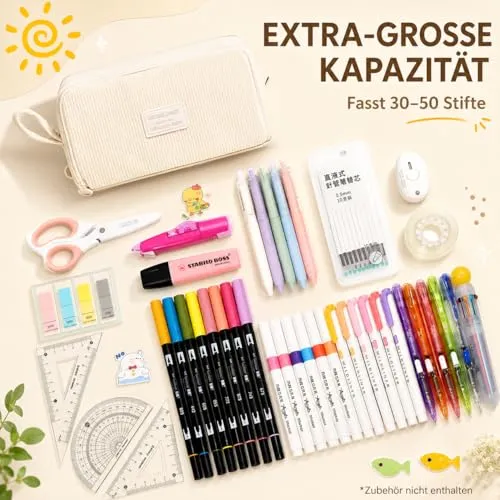 Generisch Federmäppchen Mäppchen Federmappe Federtasche Mäppchen Mädchen - Beige Federmäppchen Cord Mit 3 Fächern, GroßE KapazitäT für Schule Uni Büro