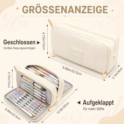Generisch Federmäppchen Mäppchen Federmappe Federtasche Mäppchen Mädchen - Beige Federmäppchen Cord Mit 3 Fächern, GroßE KapazitäT für Schule Uni Büro