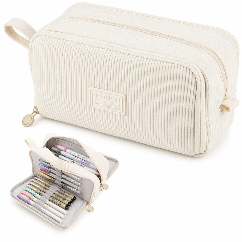 Generisch Federmäppchen Mäppchen Federmappe Federtasche Mäppchen Mädchen - Beige Federmäppchen Cord Mit 3 Fächern, GroßE KapazitäT für Schule Uni Büro