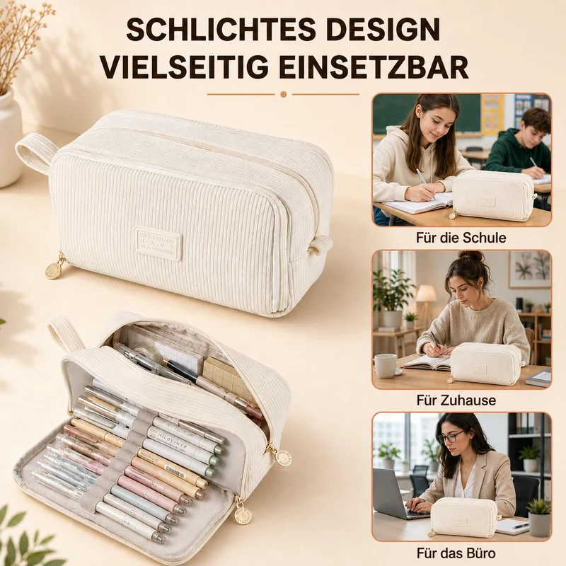 Generisch Federmäppchen Mäppchen Federmappe Federtasche Mäppchen Mädchen - Beige Federmäppchen Cord Mit 3 Fächern, GroßE KapazitäT für Schule Uni Büro