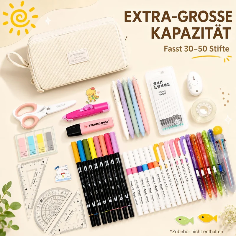 Generisch Federmäppchen Mäppchen Federmappe Federtasche Mäppchen Mädchen - Beige Federmäppchen Cord Mit 3 Fächern, GroßE KapazitäT für Schule Uni Büro