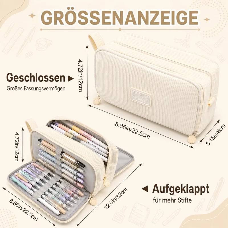Generisch Federmäppchen Mäppchen Federmappe Federtasche Mäppchen Mädchen - Beige Federmäppchen Cord Mit 3 Fächern, GroßE KapazitäT für Schule Uni Büro