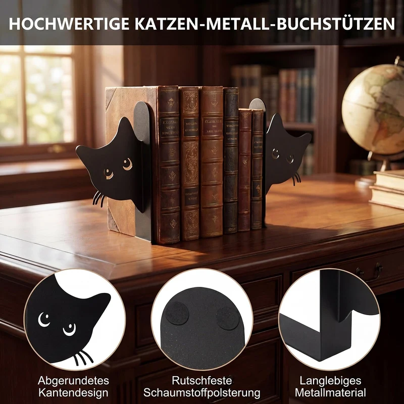 2 Stück Metall-Buchstütze, Katzenförmige Buchstützen, Kreative Buchstütze aus Metall in Katzenform, Buchstützen für Kinder, Geeignet für Bücherregale in Schulen, Büros und Kinderzimmern (Schwarz)