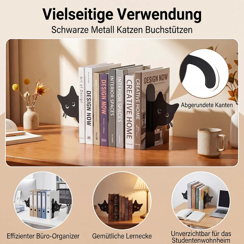 2 Stück Metall-Buchstütze, Katzenförmige Buchstützen, Kreative Buchstütze aus Metall in Katzenform, Buchstützen für Kinder, Geeignet für Bücherregale in Schulen, Büros und Kinderzimmern (Schwarz)
