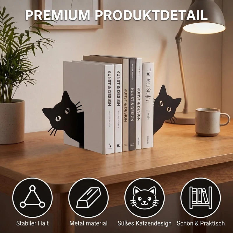 2 Stück Metall-Buchstütze, Katzenförmige Buchstützen, Kreative Buchstütze aus Metall in Katzenform, Buchstützen für Kinder, Geeignet für Bücherregale in Schulen, Büros und Kinderzimmern (Schwarz)