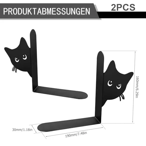2 Stück Metall-Buchstütze, Katzenförmige Buchstützen, Kreative Buchstütze aus Metall in Katzenform, Buchstützen für Kinder, Geeignet für Bücherregale in Schulen, Büros und Kinderzimmern (Schwarz)