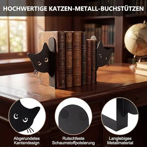 2 Stück Metall-Buchstütze, Katzenförmige Buchstützen, Kreative Buchstütze aus Metall in Katzenform, Buchstützen für Kinder, Geeignet für Bücherregale in Schulen, Büros und Kinderzimmern (Schwarz)