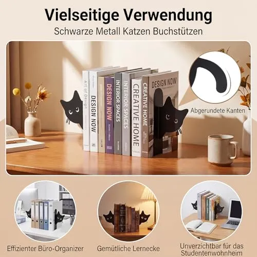 2 Stück Metall-Buchstütze, Katzenförmige Buchstützen, Kreative Buchstütze aus Metall in Katzenform, Buchstützen für Kinder, Geeignet für Bücherregale in Schulen, Büros und Kinderzimmern (Schwarz)