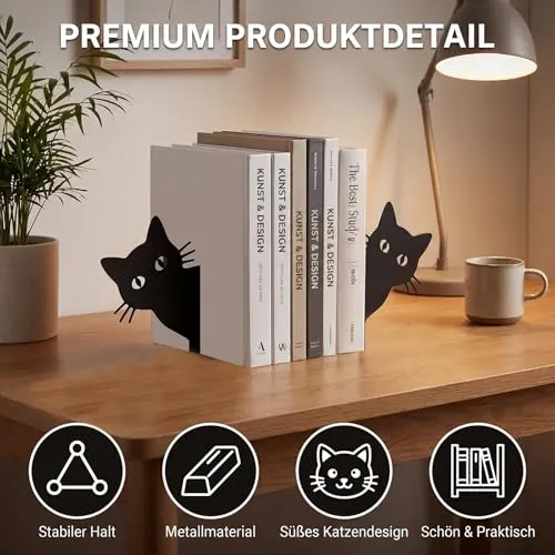 2 Stück Metall-Buchstütze, Katzenförmige Buchstützen, Kreative Buchstütze aus Metall in Katzenform, Buchstützen für Kinder, Geeignet für Bücherregale in Schulen, Büros und Kinderzimmern (Schwarz)