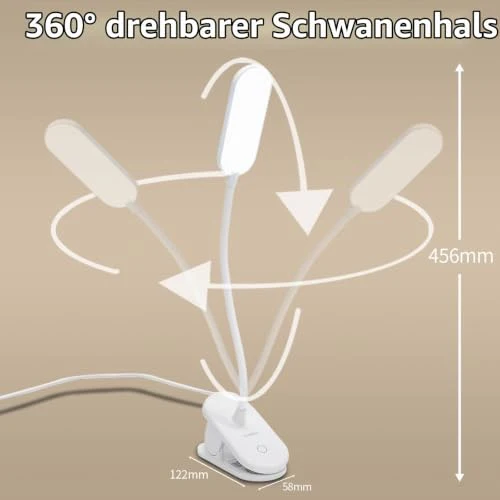 LQWELL® Klemmlampe Leselampe Bett, Dimmbare Klemmleuchte, 3 Helligkeitsstufen & 360° Flexible Klemme Schreibtischlampe für Heimbüro (Weiß)