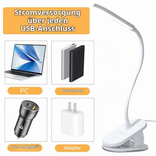 LQWELL® Klemmlampe Leselampe Bett, Dimmbare Klemmleuchte, 3 Helligkeitsstufen & 360° Flexible Klemme Schreibtischlampe für Heimbüro (Weiß)