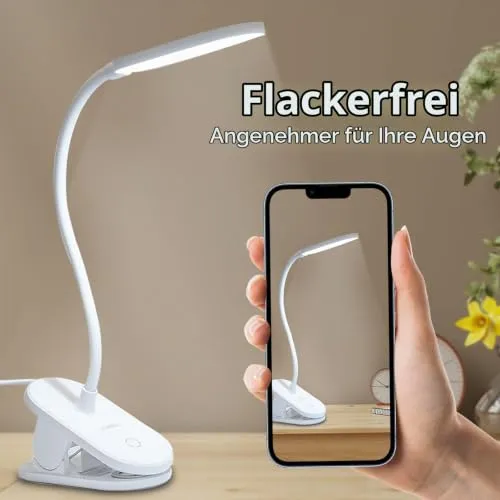 LQWELL® Klemmlampe Leselampe Bett, Dimmbare Klemmleuchte, 3 Helligkeitsstufen & 360° Flexible Klemme Schreibtischlampe für Heimbüro (Weiß)