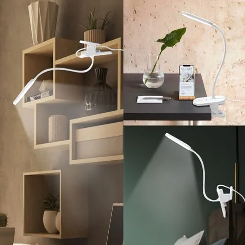 LQWELL® Klemmlampe Leselampe Bett, Dimmbare Klemmleuchte, 3 Helligkeitsstufen & 360° Flexible Klemme Schreibtischlampe für Heimbüro (Weiß)