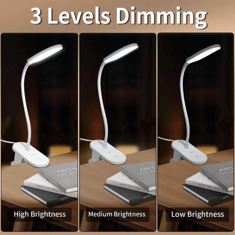 LQWELL® Klemmlampe Leselampe Bett, Dimmbare Klemmleuchte, 3 Helligkeitsstufen & 360° Flexible Klemme Schreibtischlampe für Heimbüro (Weiß)