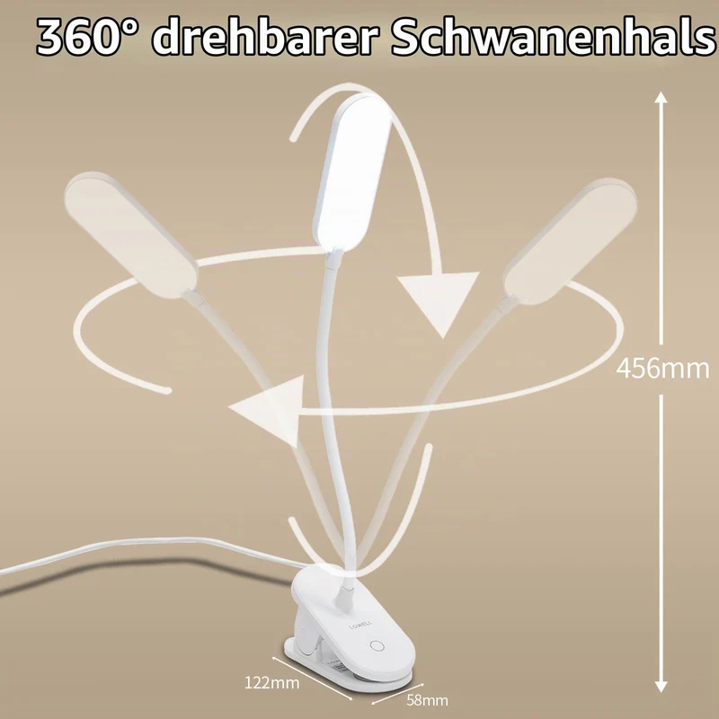 LQWELL® Klemmlampe Leselampe Bett, Dimmbare Klemmleuchte, 3 Helligkeitsstufen & 360° Flexible Klemme Schreibtischlampe für Heimbüro (Weiß)