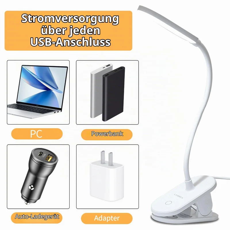 LQWELL® Klemmlampe Leselampe Bett, Dimmbare Klemmleuchte, 3 Helligkeitsstufen & 360° Flexible Klemme Schreibtischlampe für Heimbüro (Weiß)