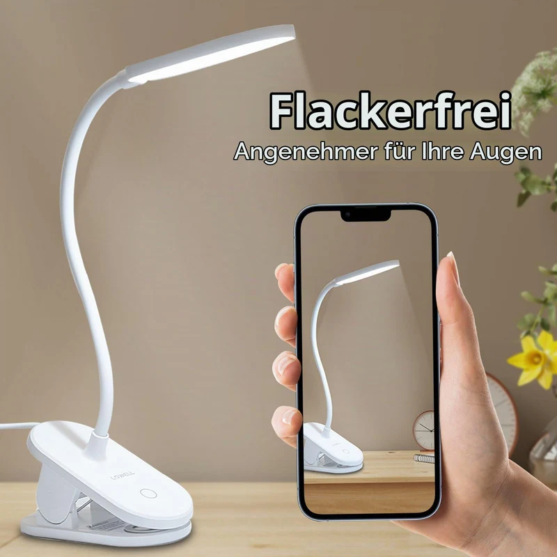 LQWELL® Klemmlampe Leselampe Bett, Dimmbare Klemmleuchte, 3 Helligkeitsstufen & 360° Flexible Klemme Schreibtischlampe für Heimbüro (Weiß)