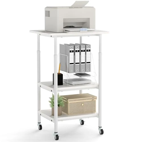COSTWAY 3-stufiger Druckerständer höhenverstellbar, Druckerwagen mit Ablageflächen & Rollen, Aufbewahrungswagen mobil, Maschinenständer für 3D-Drucker, Faxgerät 49 x 40 x 77 cm (Weiß)