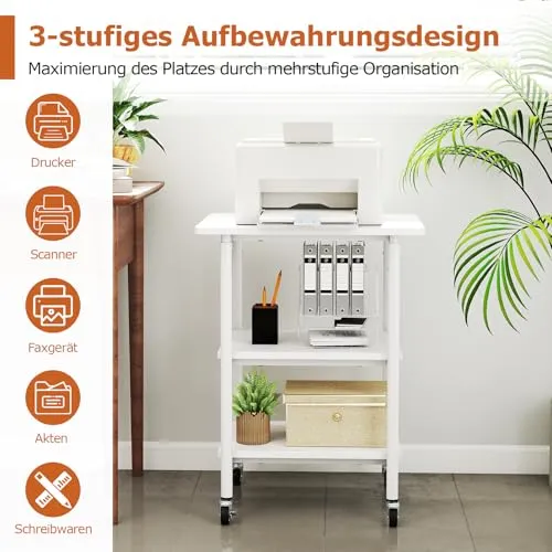 COSTWAY 3-stufiger Druckerständer höhenverstellbar, Druckerwagen mit Ablageflächen & Rollen, Aufbewahrungswagen mobil, Maschinenständer für 3D-Drucker, Faxgerät 49 x 40 x 77 cm (Weiß)