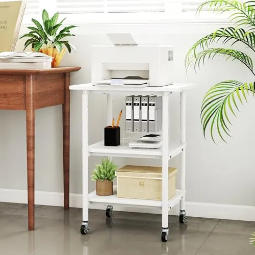 COSTWAY 3-stufiger Druckerständer höhenverstellbar, Druckerwagen mit Ablageflächen & Rollen, Aufbewahrungswagen mobil, Maschinenständer für 3D-Drucker, Faxgerät 49 x 40 x 77 cm (Weiß)