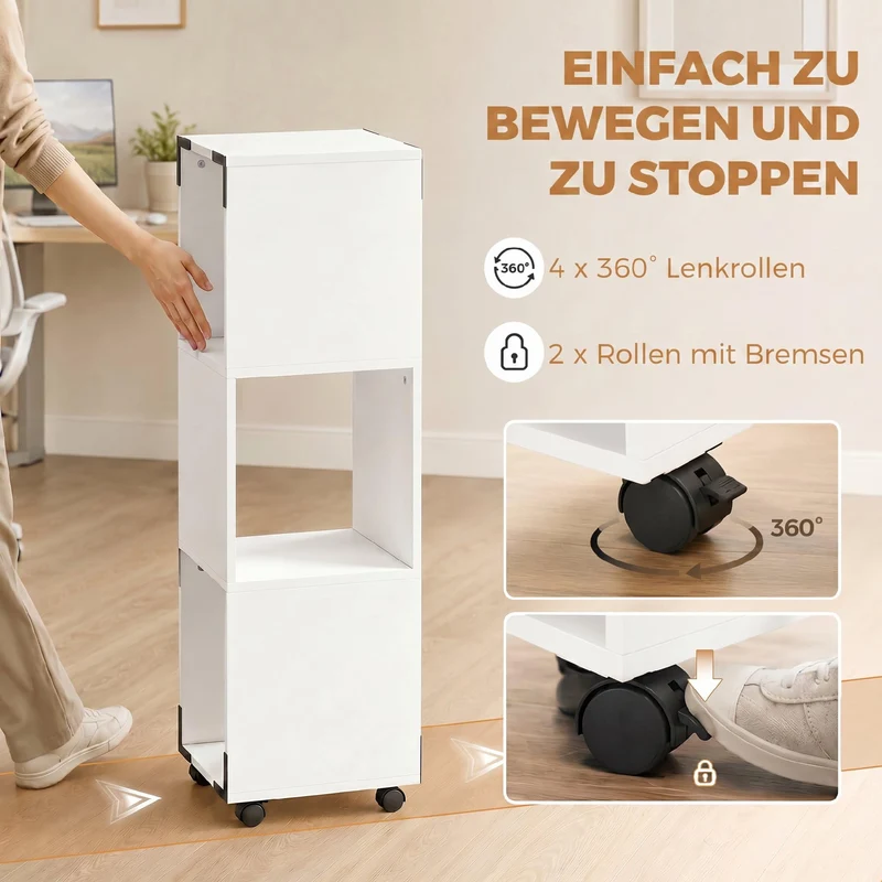 HOMCOM Rollcontainer mit 3 Offenen Fächern 33,5 x 33,5 x 111 cm Weiß