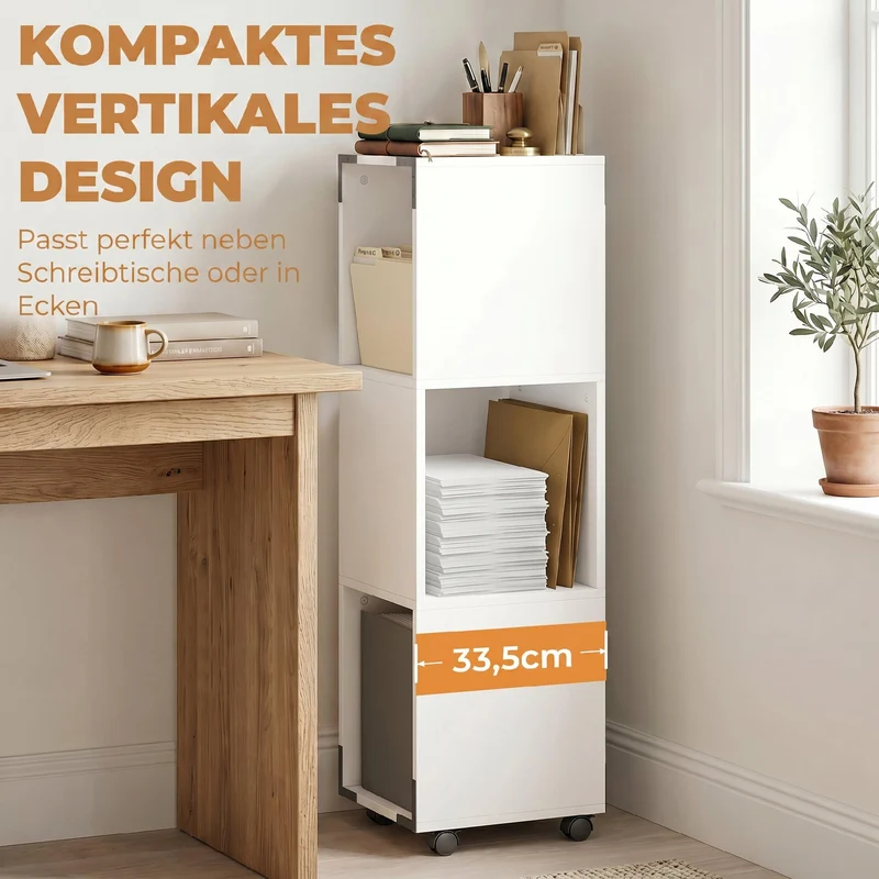 HOMCOM Rollcontainer mit 3 Offenen Fächern 33,5 x 33,5 x 111 cm Weiß