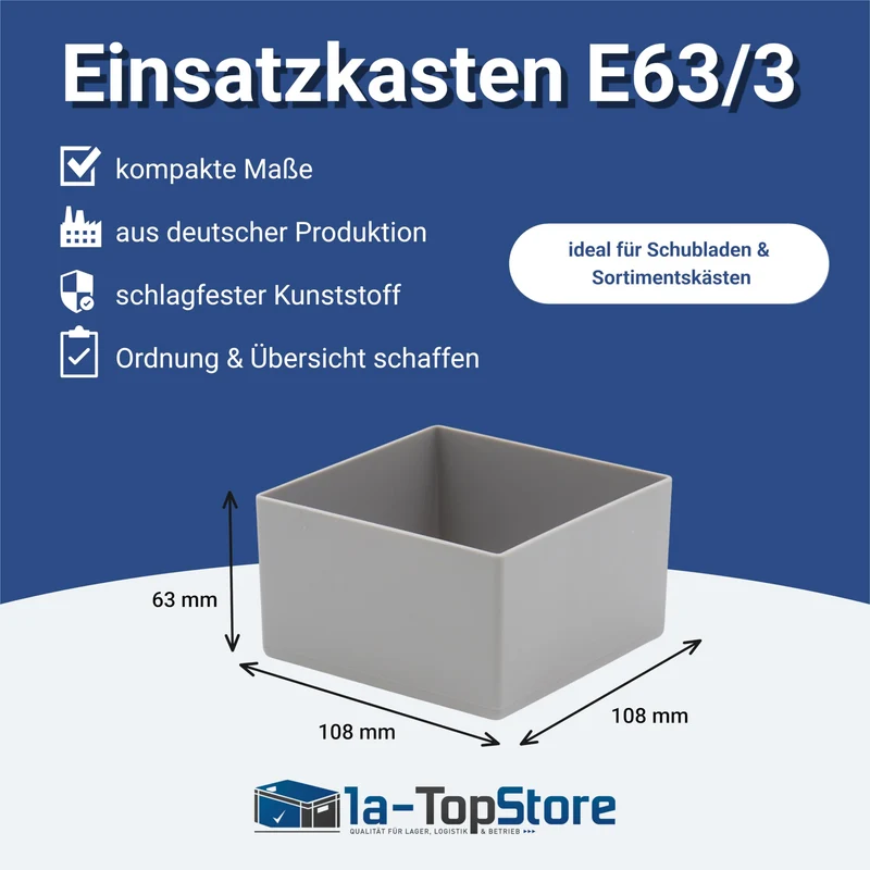 1a-TopStore 10 Stk. Einsatzkästen Einsatzboxen Schubladen-Einsatzkasten Sortierboxen, 32 Größen, 5 Farben (grau, 108x108x63 mm)
